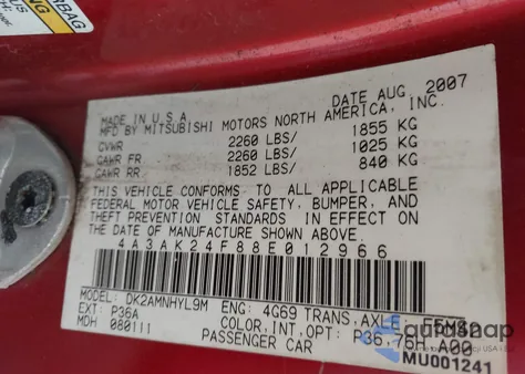 2008 Mitsubishi Eclipse Gs z USA, uszkodzony, nr VIN 4A3AK24F88E012966